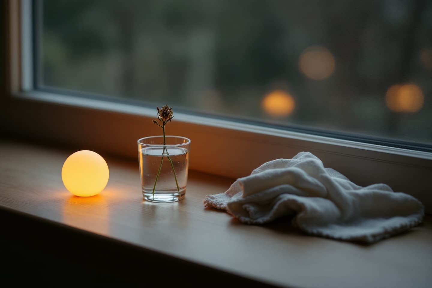 A small warm orb of light on a windowsill beside a wilting flower in a glass and a folded handkerchief