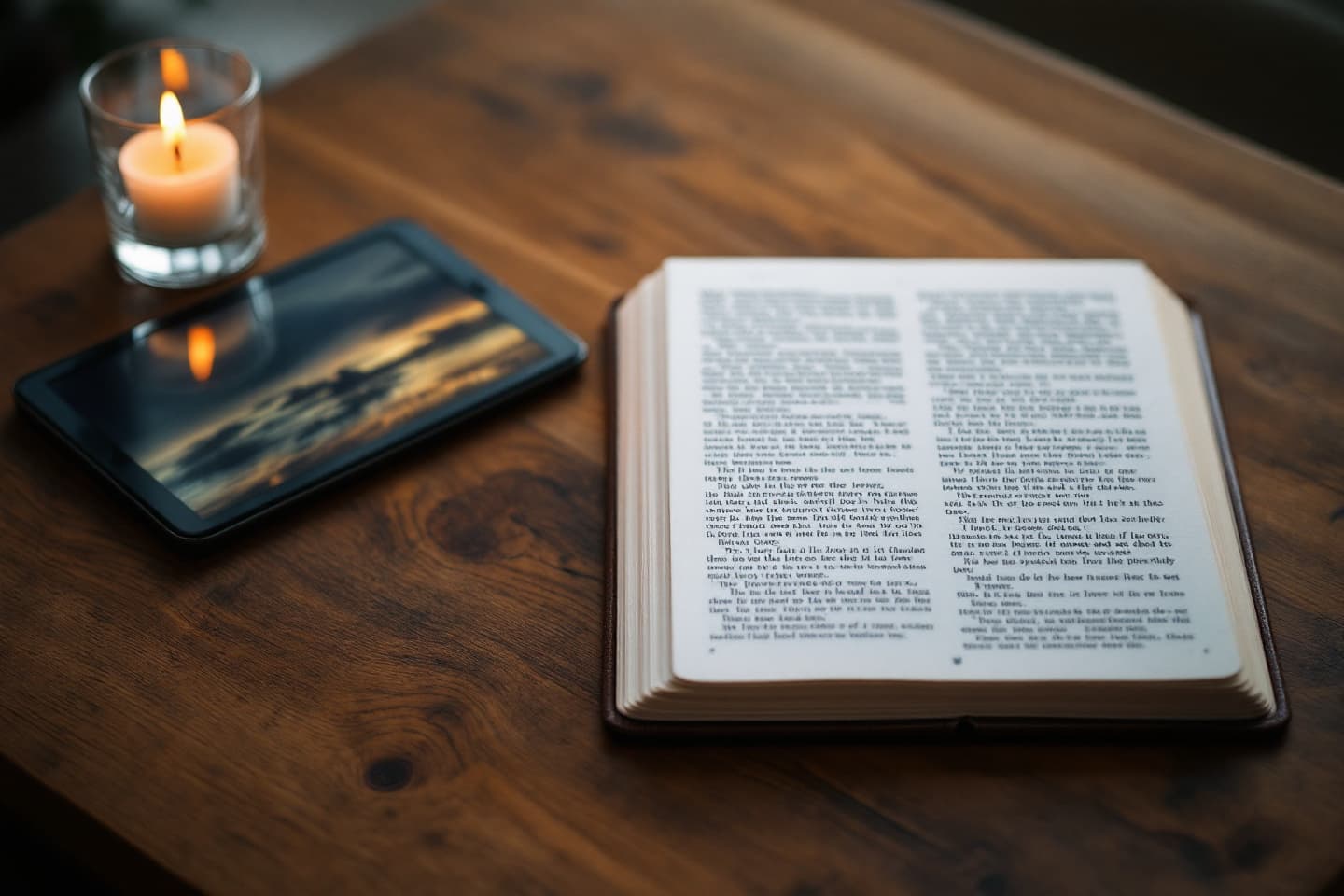 An open guidebook beside a memorial candle and a softly glowing tablet on a wooden table