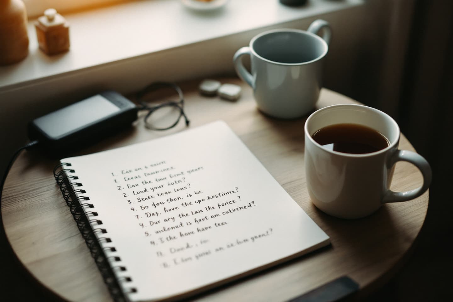 A notebook page with a long numbered list and question marks, two mugs of tea and a small voice recorder beside it