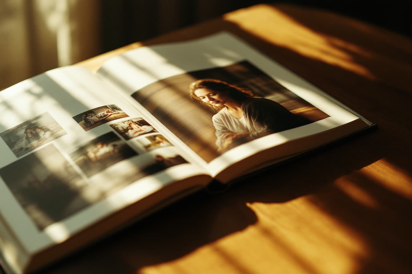 An open photo album on a sunlit table, one photograph glowing softly with warm light