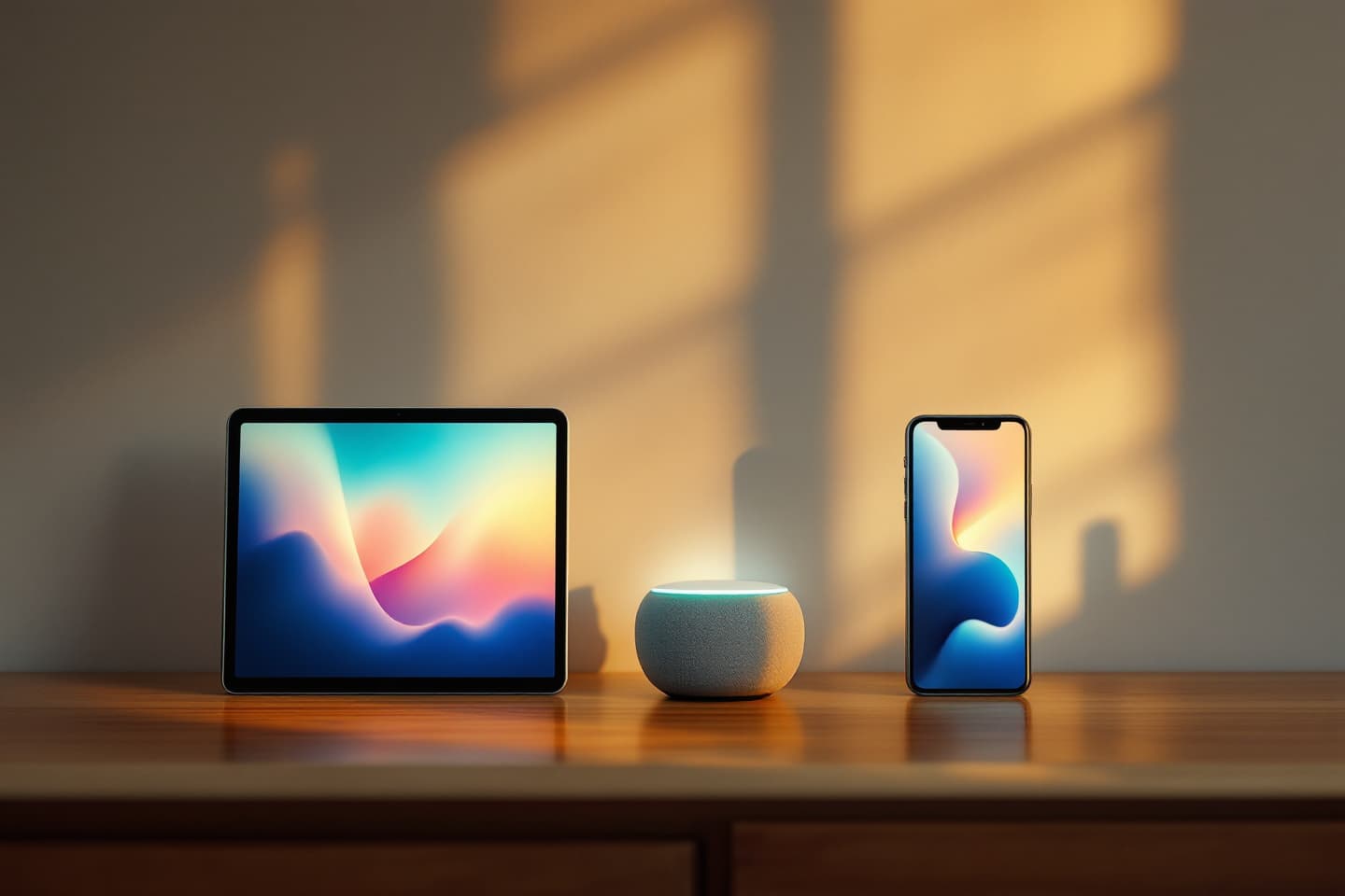 A tablet, a smart speaker and a phone side by side on a wooden shelf, each glowing softly