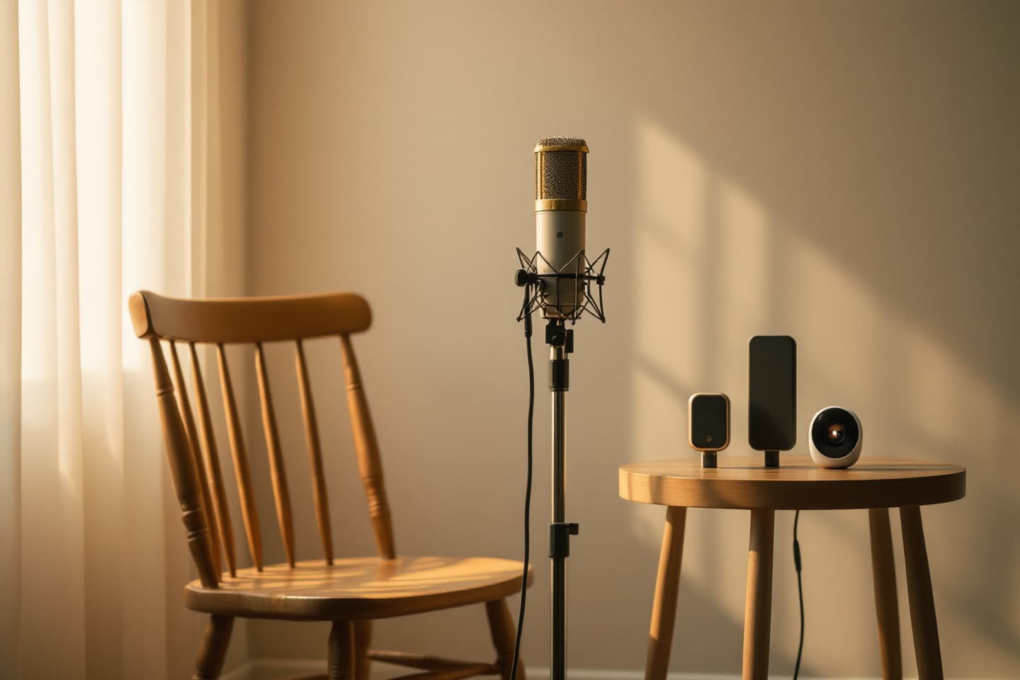 An old microphone on a stand in an empty sunlit room, an empty chair beside it and three softly glowing devices on a side table