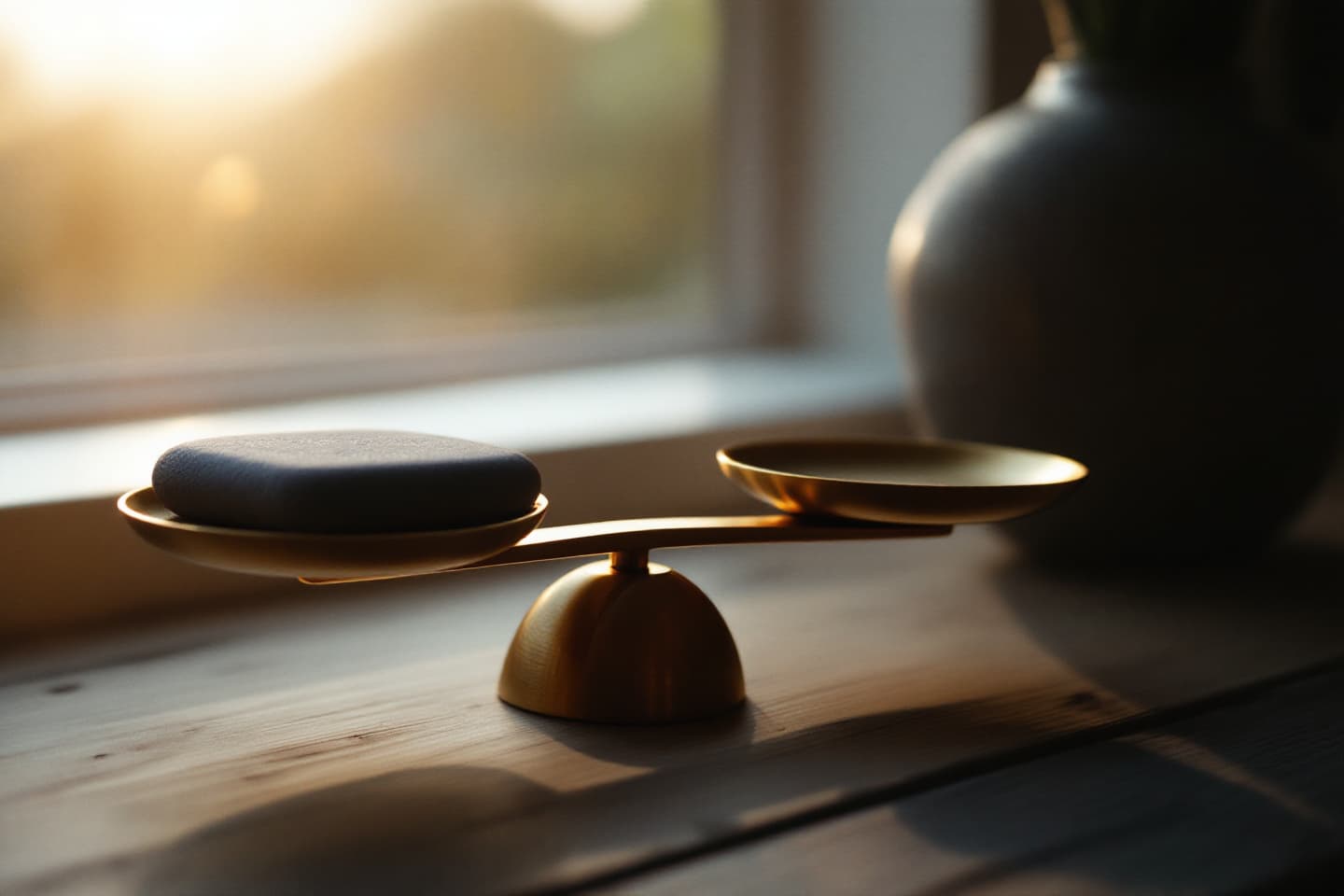 A small brass balance scale on a desk: a smooth stone on one pan, a tiny point of light on the other