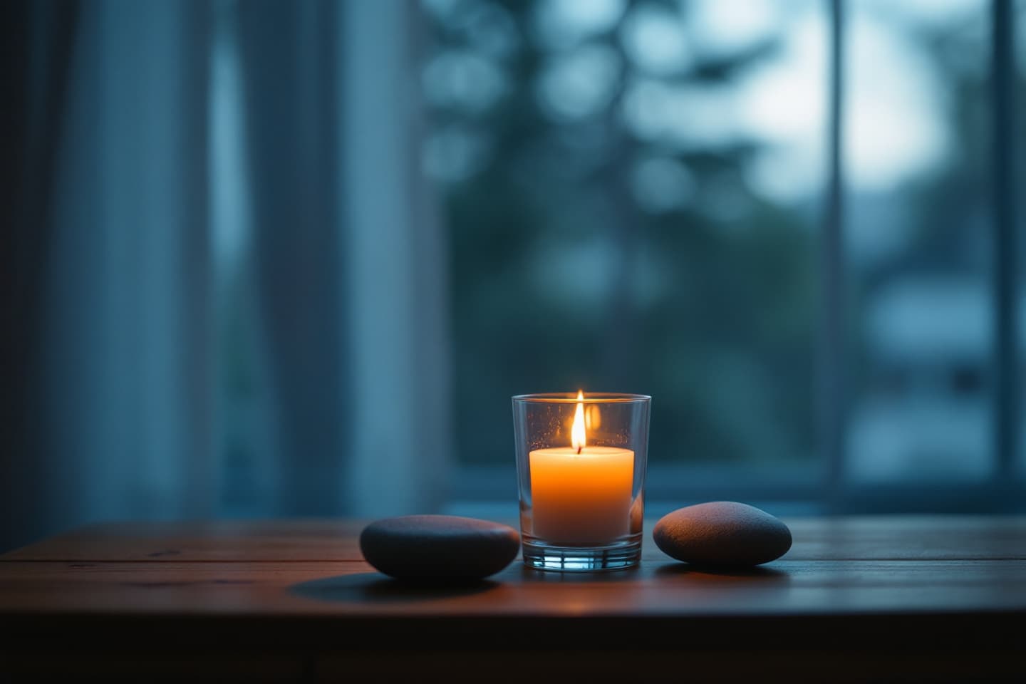 A memorial candle burning in a small glass with a small stone beside it, by a window at dusk