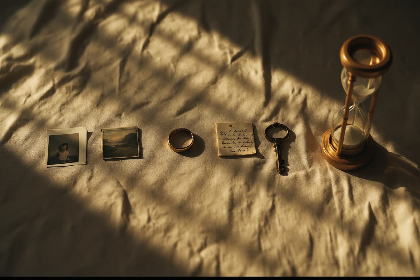 Seven small objects in a row on linen, a photograph, a cassette, a letter, a ring, a key, a handkerchief, a recipe card, with an hourglass beside them