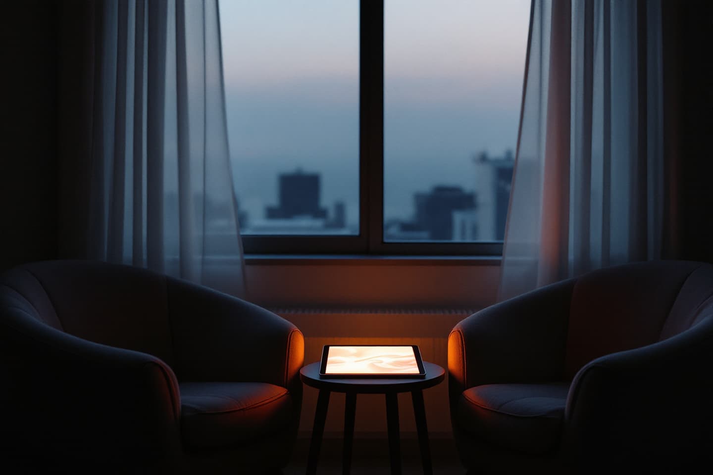Two empty armchairs facing each other by a window at dusk, a softly glowing tablet between them