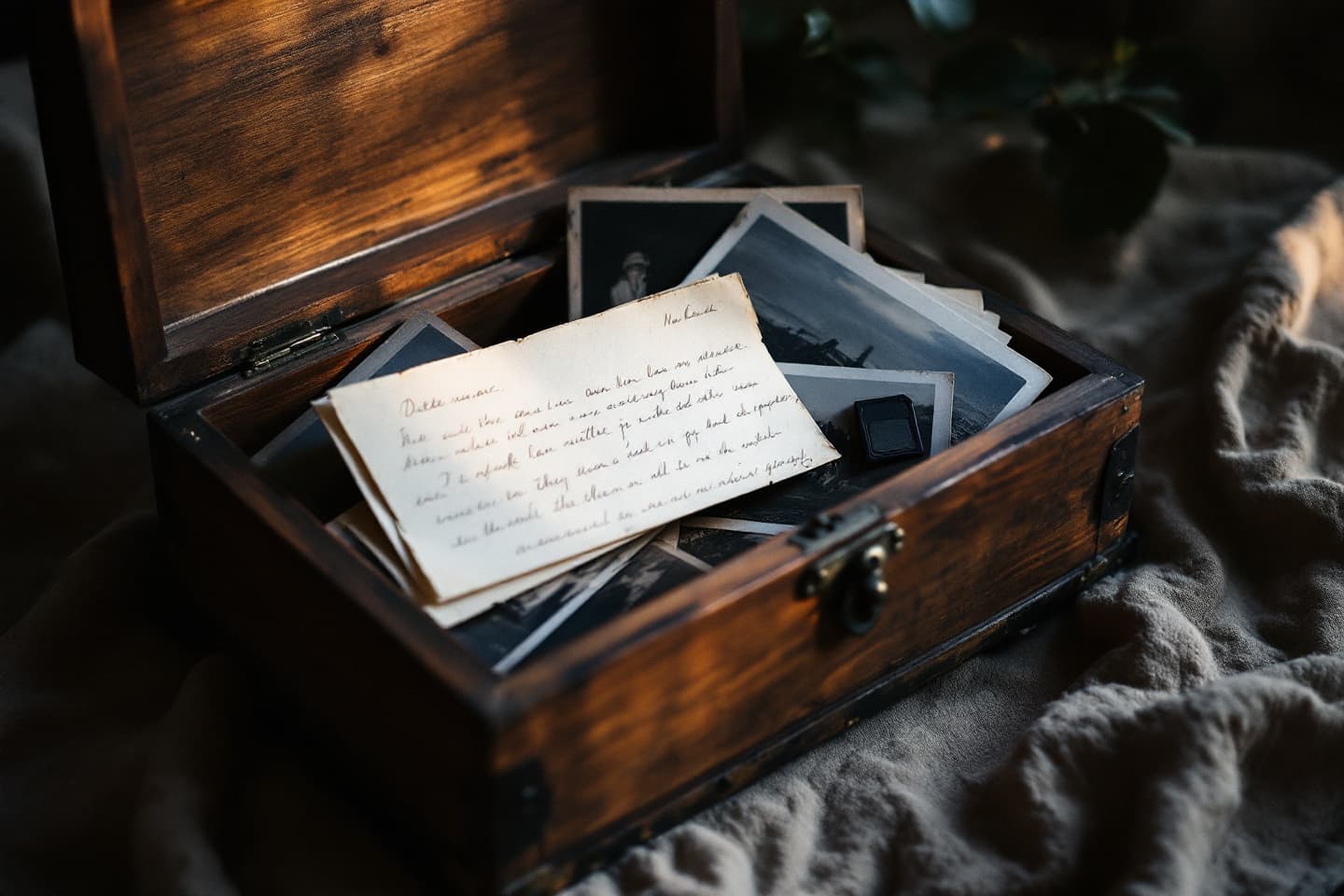 An old wooden keepsake box open on linen: photographs face-down, a folded letter and a small memory card