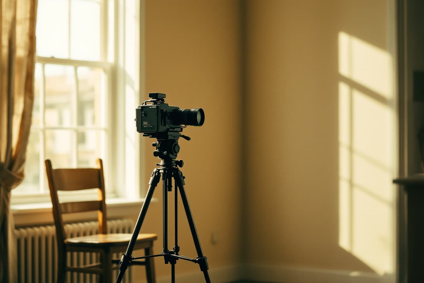 A vintage video camera on a tripod in an empty sunlit room, an empty chair facing it