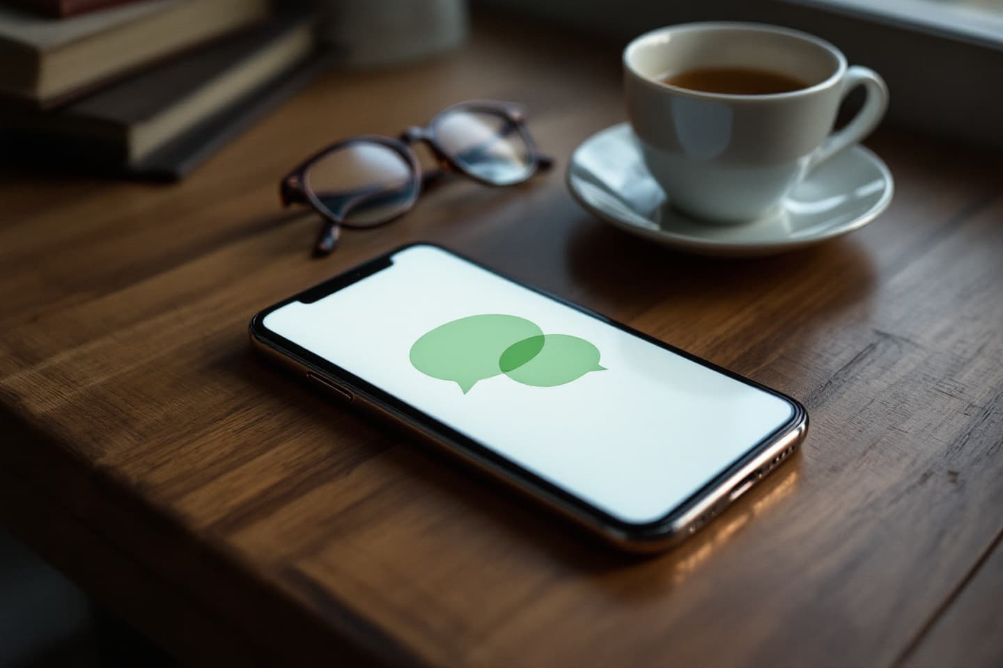 A phone on a wooden table showing blurred pale-green speech bubbles, beside reading glasses and a cup of tea